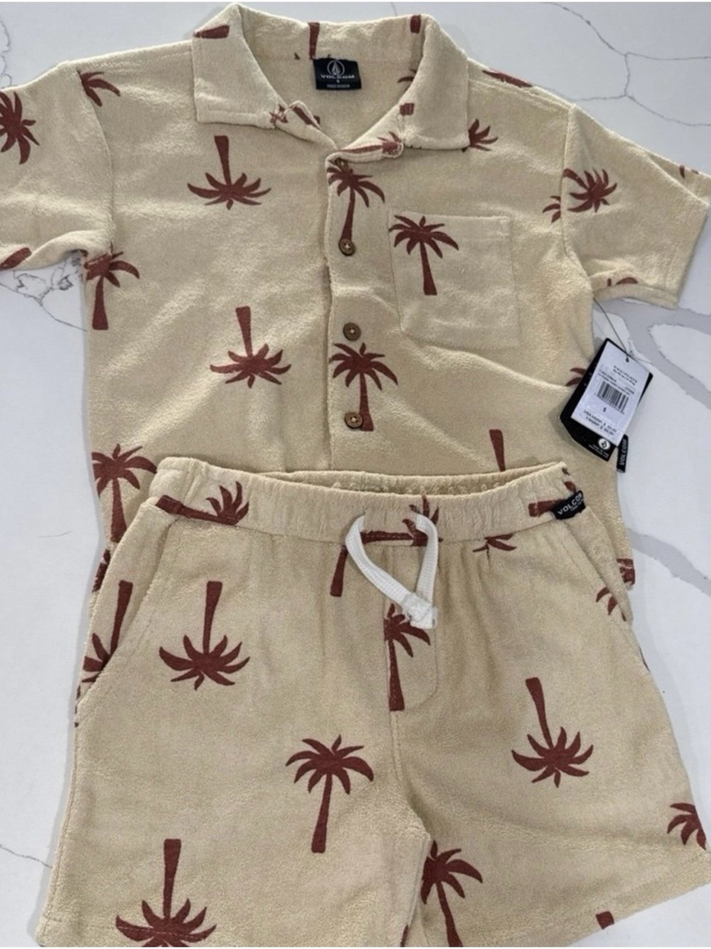 Volcom Beige Palm Tree Terry Button-Up & Drawstring Shorts Set